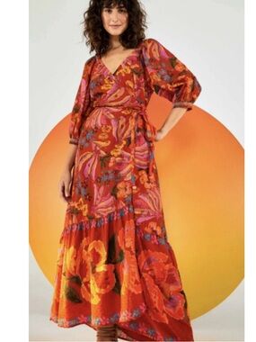 Farm Rio Spring Banana Wrap Maxi Dress Red Floral Tropical Boho Small
